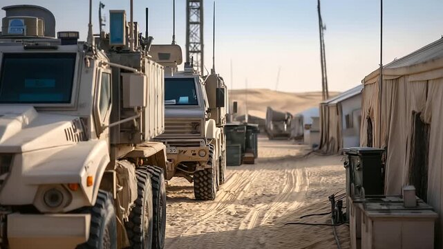 Side view communication tower at desert base, defocused military vehicles and tents flanking, cables running across sand, organized activity sense, tactical infrastructure, with
