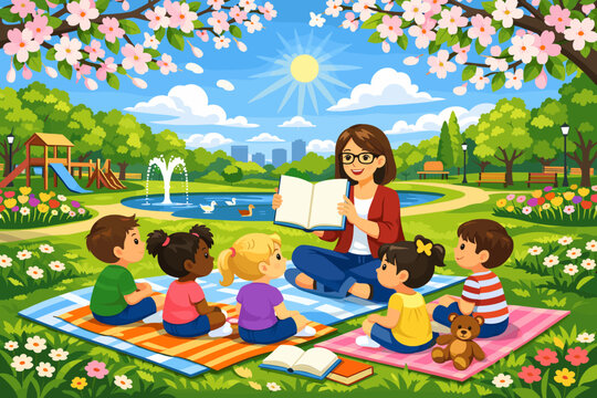 Children listen to a story in a park with trees, flowers, and a pond on a sunny day
