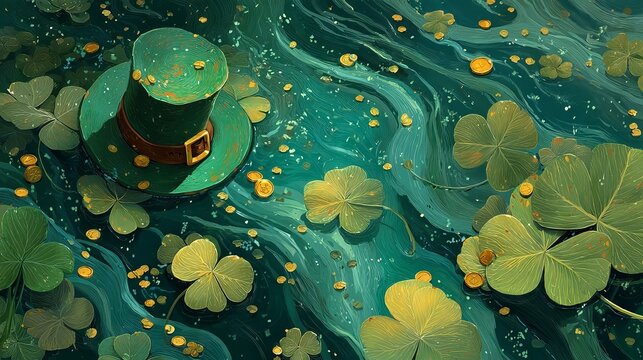 Whimsical Digital Painting of a Leprechaun Hat Floating in a Sea of Clovers