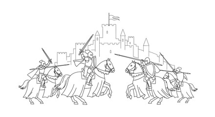Medieval knights on horseback approach a castle depicted in a simple line drawing © Ziaul_Studio