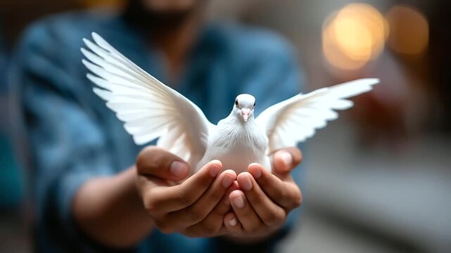 Beautiful white dove in faceless hands with wings spread, defocused soft background, peace representation, gentle interaction, spiritual moment, with copy space