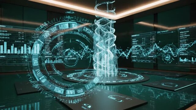 Futuristic digital control room features glowing holographic interfaces displaying complex data streams around a central energy column.