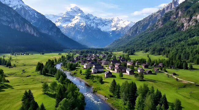 Picturesque Alpine village nestled in a lush valley with snowcapped mountains
