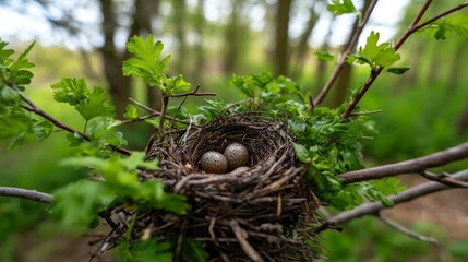 Obraz premium Acorn Nest with Bird Fledglings Amid Shaded Forest During Daylight Hours
