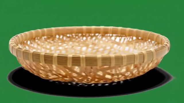 A round woven bamboo basket with a delicate lattice pattern sits on a white surface.
