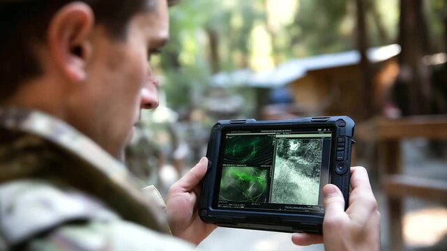 Close-up tablet in faceless soldier's hand, defocused screen showing infrared scans, soldier's silhouette and fence looming background, border surveillance monitoring, with copy