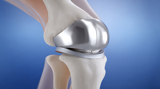 Detailed 3D Medical Illustration of a Total Knee Arthroplasty Implant on Leg Bones, Highlighting Prosthetic Joint Components