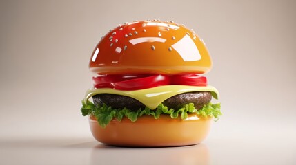 Shiny 3D Cartoon Burger with Layers Against a Neutral Background