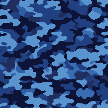 Seamless Blue Camouflage Pattern Vector, Navy and Azure Military Camo Background for Textile and Wallpaper, Abstract Marine Camouflage Texture for Apparel, Hunting and Web Design
