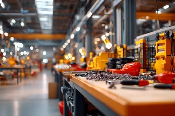 Obraz premium Dramatic Industrial Scene Inside a Factory Workshop with Tools