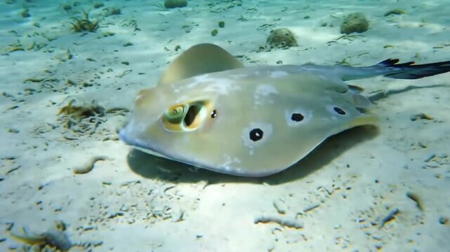 A stingray glides over a sandy seabed in shallow tropical waters.