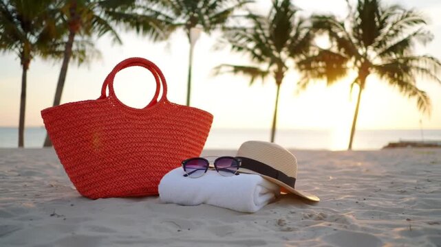 Beach vacation essentials including a straw bag, hat, and sunglasses await.