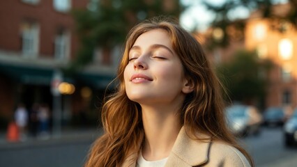 Obraz premium Serene young woman with closed eyes basking in warm golden hour sunlight on a city street feeling peaceful and content