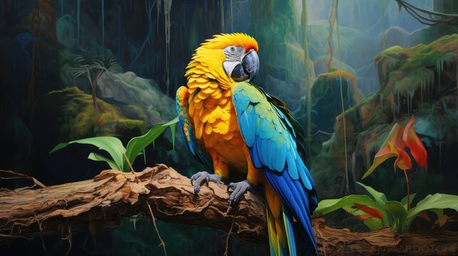 A vibrant portrait of a blue and yellow macaw, also known as the blue and gold ara ararauna, showcasing its colorful tropical feathers and beak in a wild nature or zoo wildlife setting