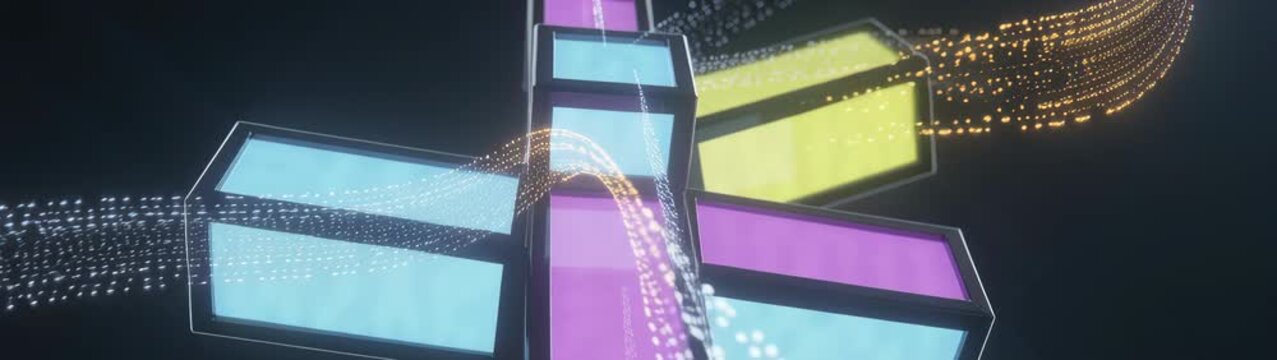 Abstract cluster of colorful luminous cubes connecting and transmitting digital information with glowing particles flowing between them.