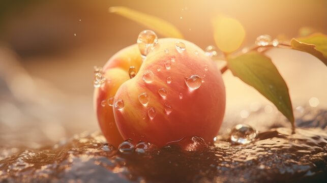 Fresh ripe red apple and colorful easter eggs with water drops in the snow featuring organic fruit splashes and healthy nutrition