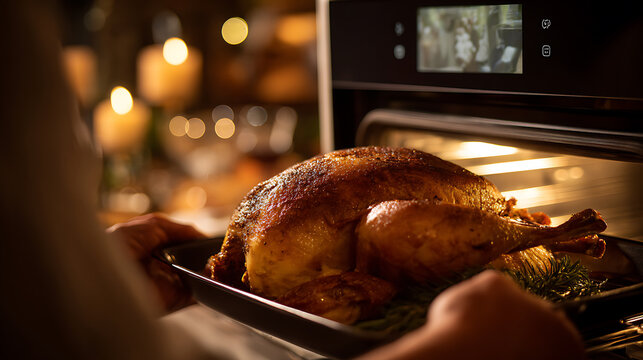 Golden Roast Poultry Dish Fresh from Oven: Festive Meal Preparation with Warm Candlelight and Bokeh Background, Close Up View