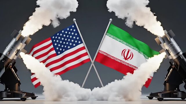 Military tension concept with united states and iran flags between missile launch systems symbolizing geopolitical conflict crisis strategy and global security video footage