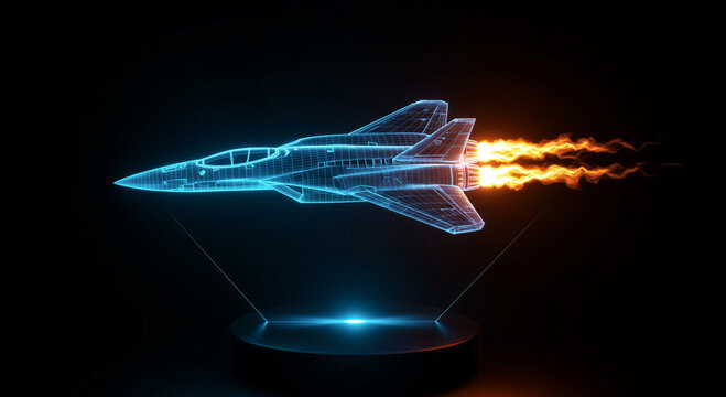 Holographic blue fighter jet with fiery orange engine flames on dark pedestal base. Futuristic aerospace digital render for sci-fi technology visualization.