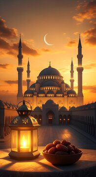 Beautiful mosque at sunset with a glowing lantern and a bowl of dates for ramadan