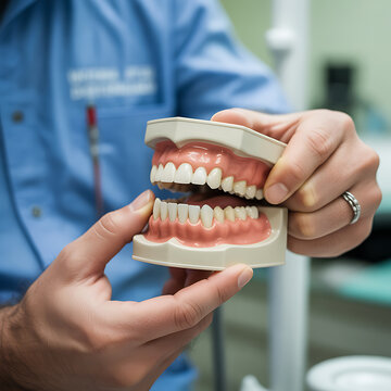 Dentist holding a dental model of human jaws with teeth isolated on transparent background