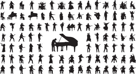 Musician silhouettes playing diverse instruments including piano, violin, cello, drums, and guitar, isolated black figures for music performance illustration, creative art, and design inspiration © Hello World