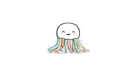 Adorable cartoon jellyfish with a cheerful smile and colorful tentacles, set on a white background