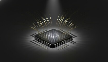 Advanced Microprocessor with Golden Energy Emanating in a Dark, Futuristic Setting