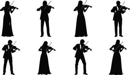 Professional Violinist Silhouette Vector Set Featuring Male and Female Musicians Playing Classical Music for Orchestral Performance Concert and Artistic String © Shirina