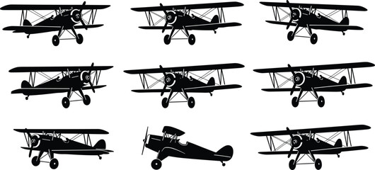 Biplane silhouettes, vintage aircraft, aviation icon, classic airplane, propeller plane, black illustration, flight design, retro aviation art, pilot symbol © Dilip