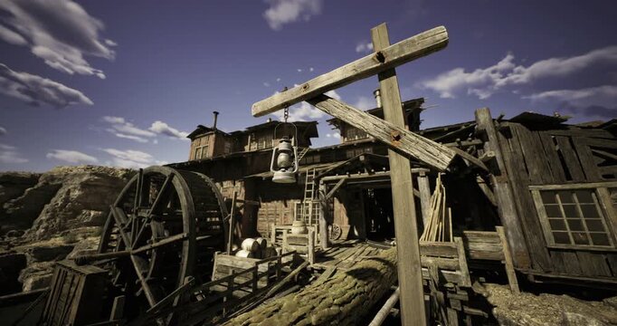 A detailed view of a vintage mining town featuring rugged wooden buildings and a large water wheel. Bright blue skies enhance the historic setting filled with rustic charm.