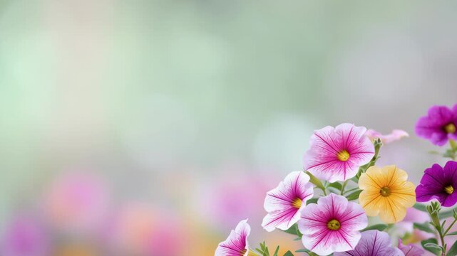 Flowers and Soft blur bokeh lights empty space for design. Colorful garden petunia bloom on beautiful blurred green nature background. Greeting card, banner, website header. Spring floral wallpaper.