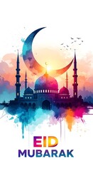 Naklejka premium Vibrant watercolor illustration of a mosque under a large crescent moon for eid mubarak.