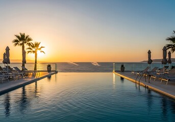 Obraz premium Luxurious infinity pool blending with ocean at vibrant sunset tropical scene