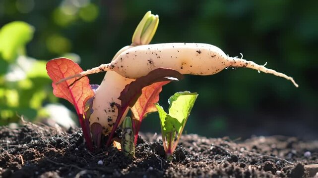 Young plants emerge from the soil, showcasing new growth and vibrant leaves.