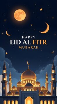 Happy eid al fitr mubarak greeting card with a golden mosque under a starry night sky.