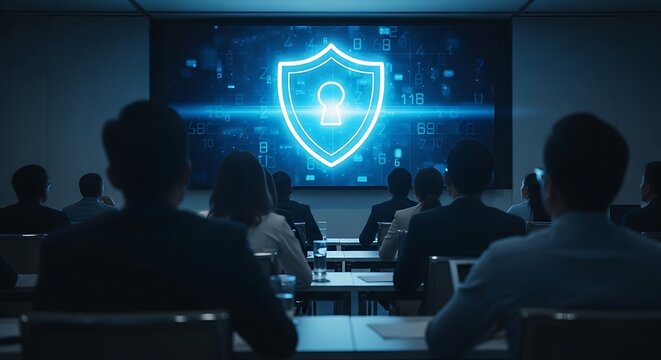 Audience in a conference room watches a presentation on data security with a glowing shield icon