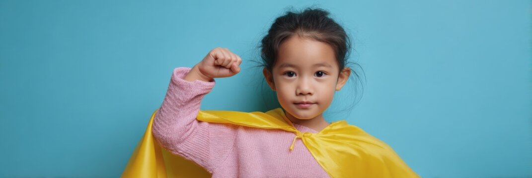 Confident asian female child looking at camera wearing yellow cape and pink sweater fist raised confident expression and proud stance on blue backdrop