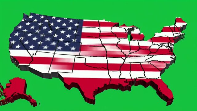 United States Map with American Flag Overlay on Green Screen Background.