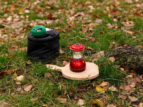 Small red LED lantern on a wooden board, black storage bag, and green mosquito repeller on the ground in a forest park. Minimalist camping equipment for hiking and outdoor activities.