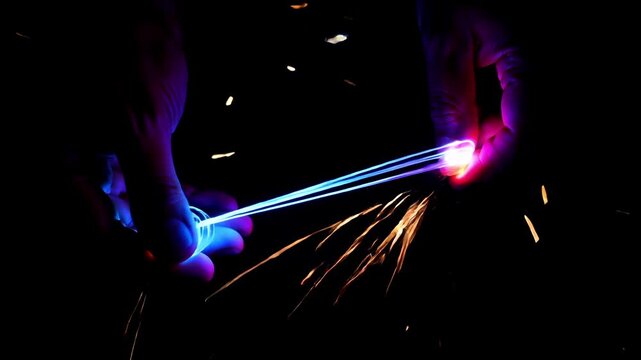 Abstract hand weaving glowing neon thread light esoteric fate destiny occult magic spell aura mystic fortune teller soul connection surreal string energy dynamic flow motion background loop