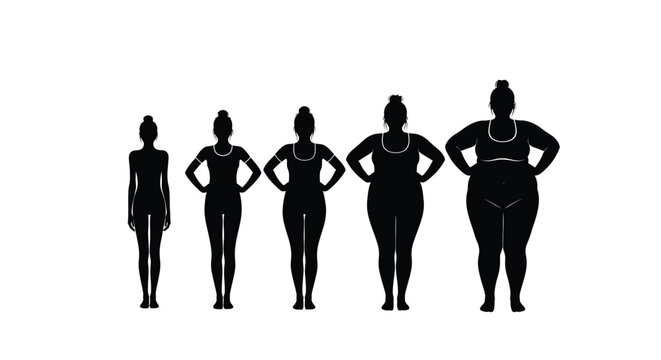 Vector illustration displaying diverse female body shapes from thin to plus size, representing various figures