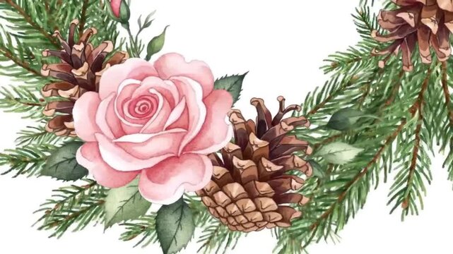 Delicate pink roses and pine cones adorn a festive evergreen branch.