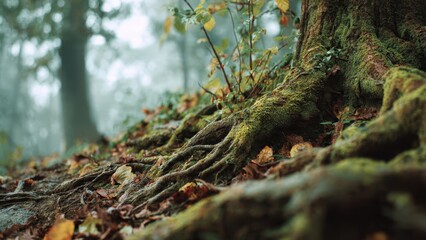 Close-up of Moss-Covered Tree Roots in Misty Forest Setting