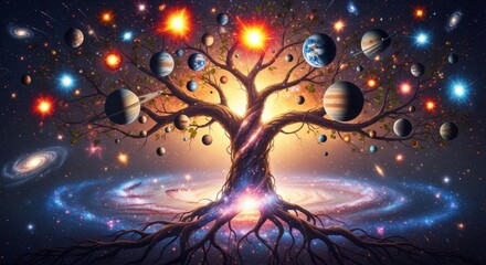 Fototapeta premium Cosmic Tree of Life with Planets, Stars, and Swirling Galaxies