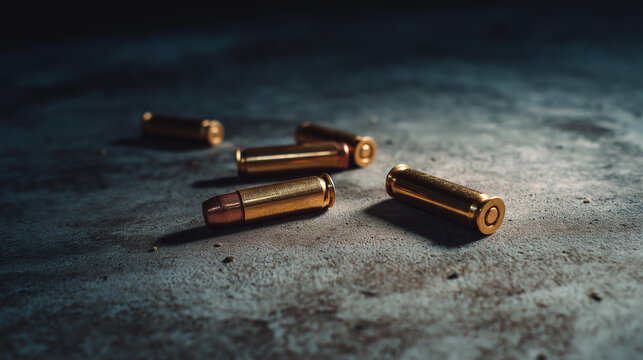 Brass shell and bullet casing scattered on concrete floor at shooting range close up showing spent ammunition aftermath