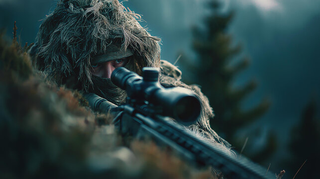 Sniper in ghillie suit lying prone on hillside aiming a rifle through scope full body shot in soft light