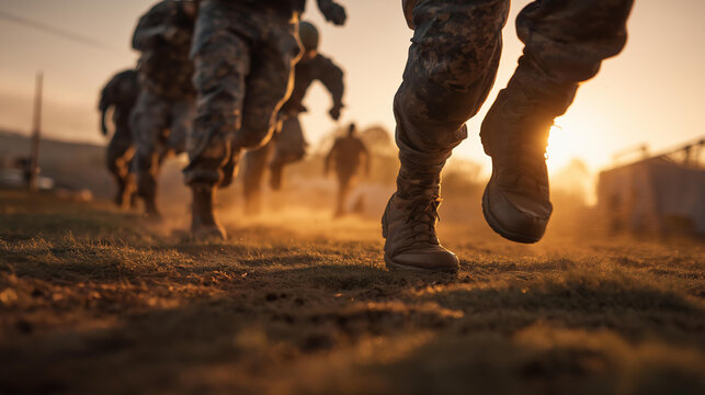 Soldiers running tactical military bootcamp obstacle course outdoors at sunrise in golden light during intense training