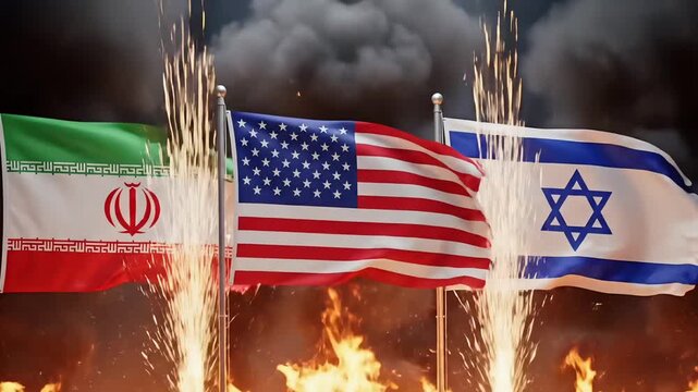 Conflict driven iran usa and israel flag display showing geopolitical tension regional crisis diplomacy narrative and global news animation motion footage