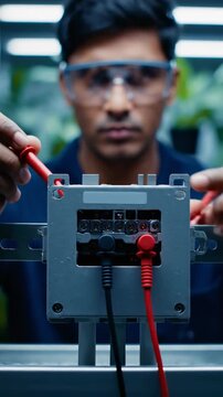 Male technician in safety glasses connects red and black multimeter probes to electrical circuit board inside a workshop with greenery in the background